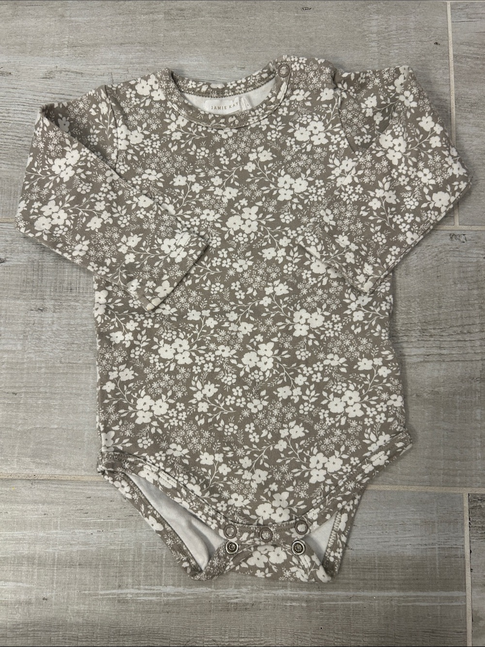 Jamie Kay Taupe and White Floral Long-Sleeve Baby One-Piece